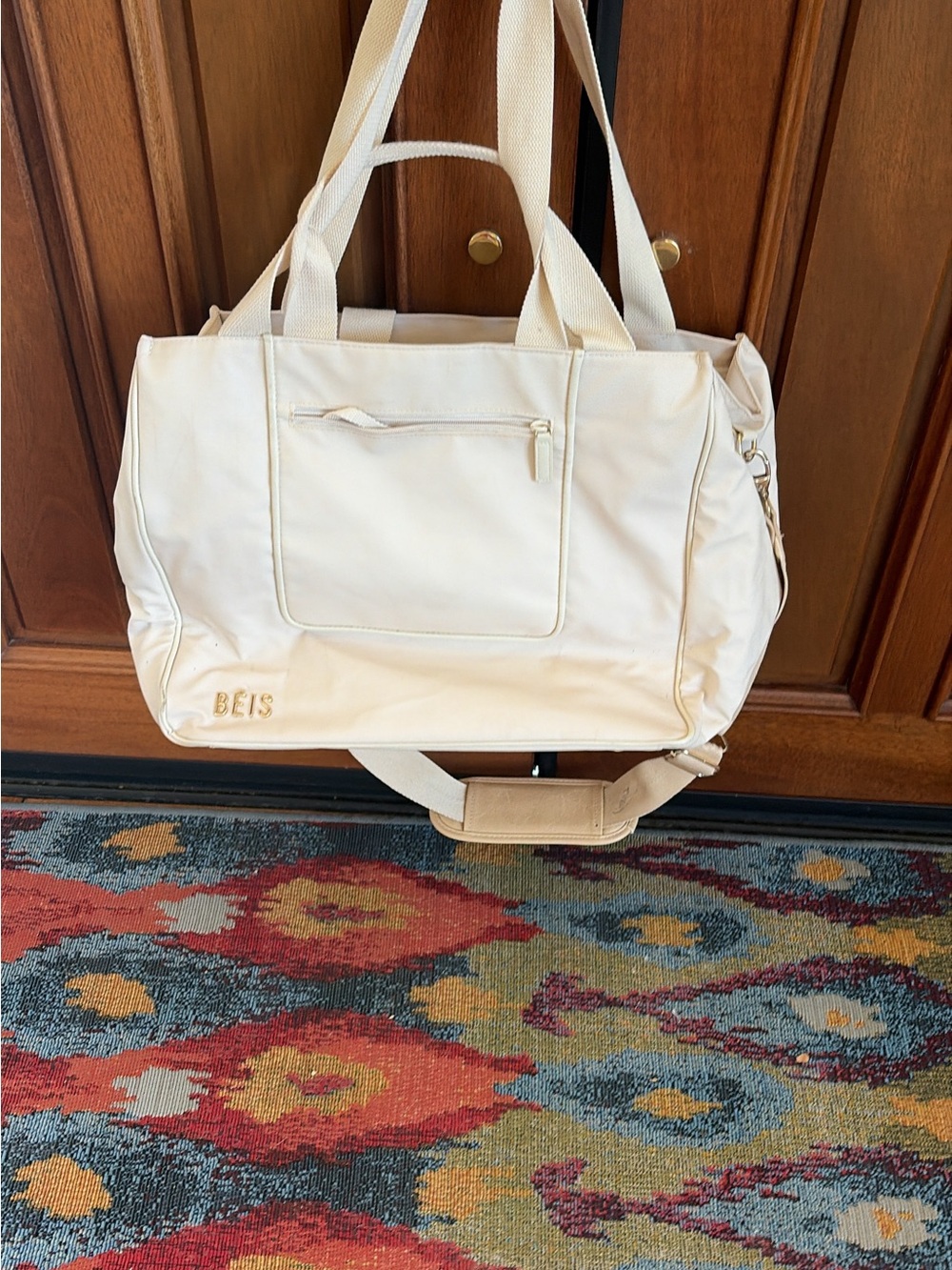 BEIS Cream Canvas Travel Tote with Shoulder Strap
